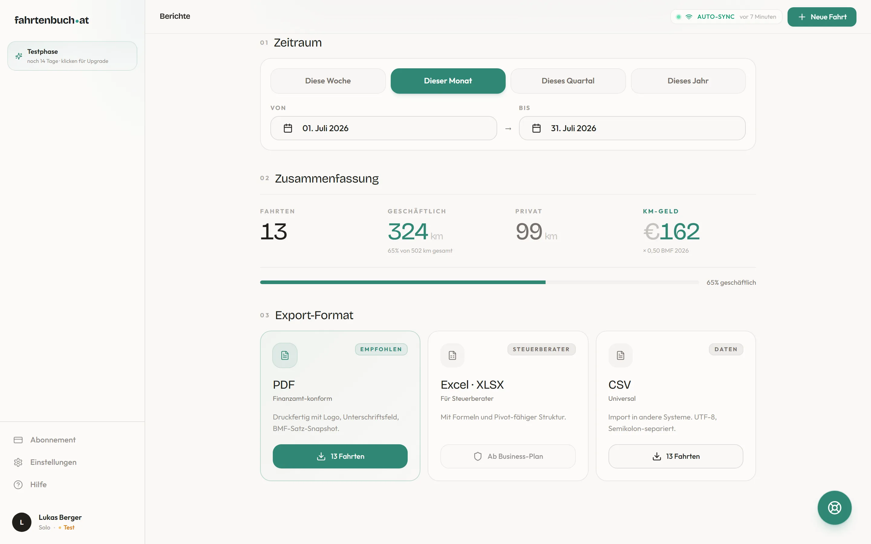 Finanzamt-konformer Export als PDF und Excel