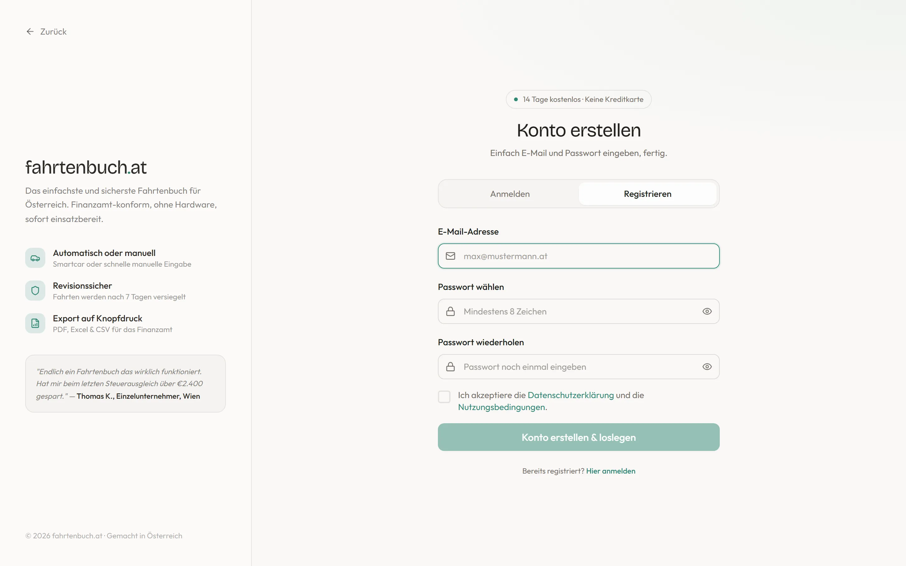 Registrierung bei fahrtenbuch.at im Browser